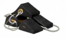 Pair of black wheel chocks with rope
